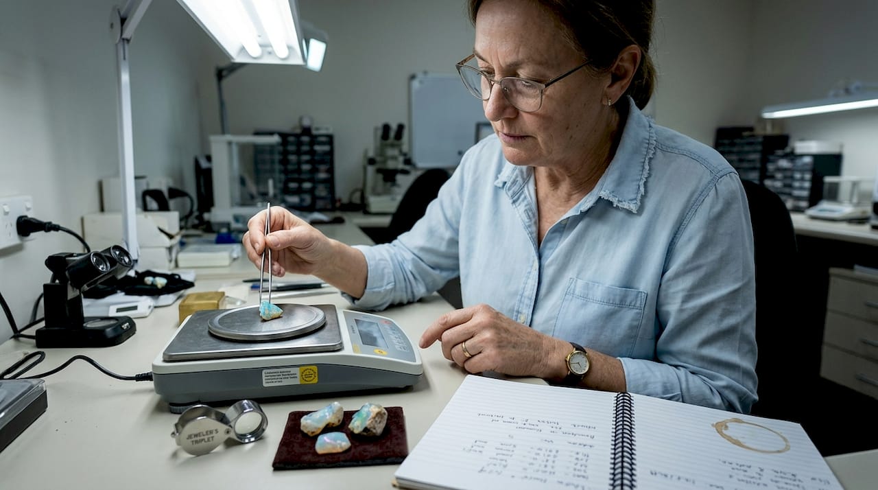 Gemologist weighing opal at laboratory desk