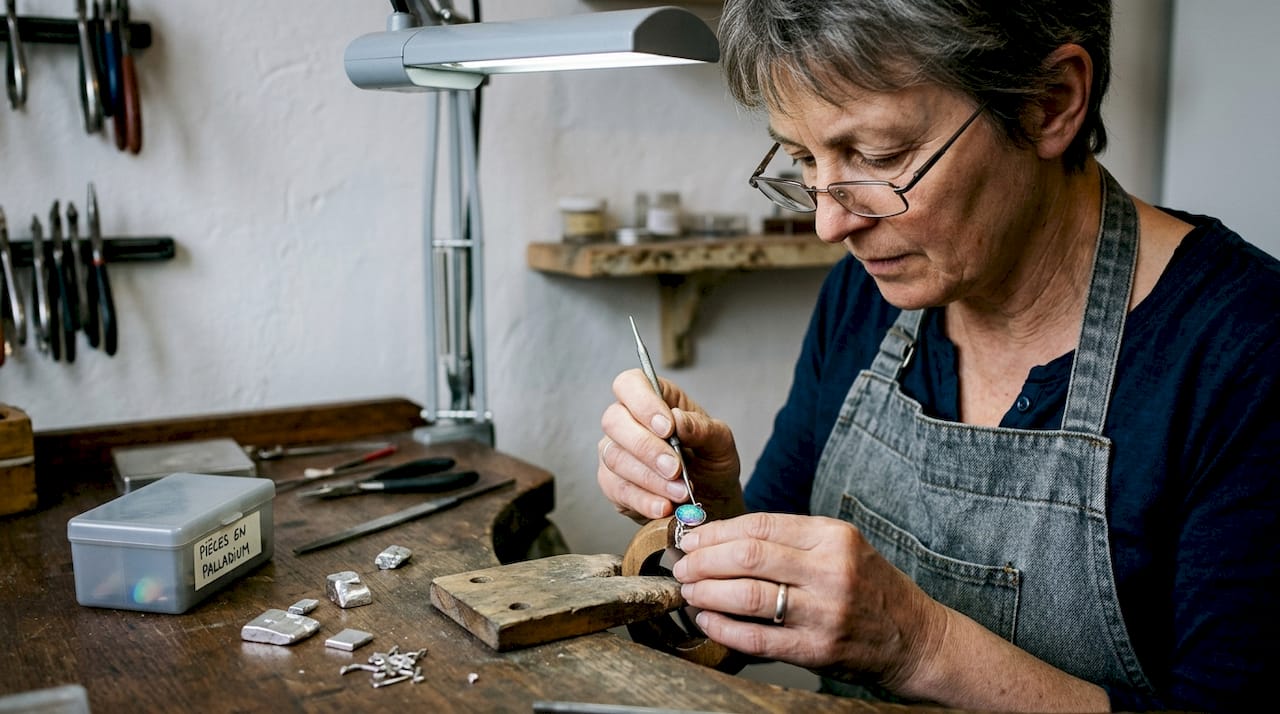 Dans son atelier, la créatrice de bijoux façonne des pièces uniques en associant l’opale et le platine.