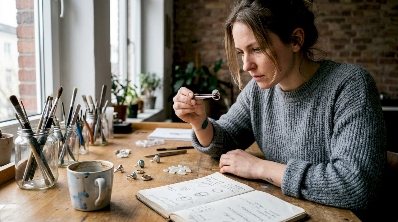 Eine Schmuckdesignerin begutachtet in ihrem Atelier einen Opalring.