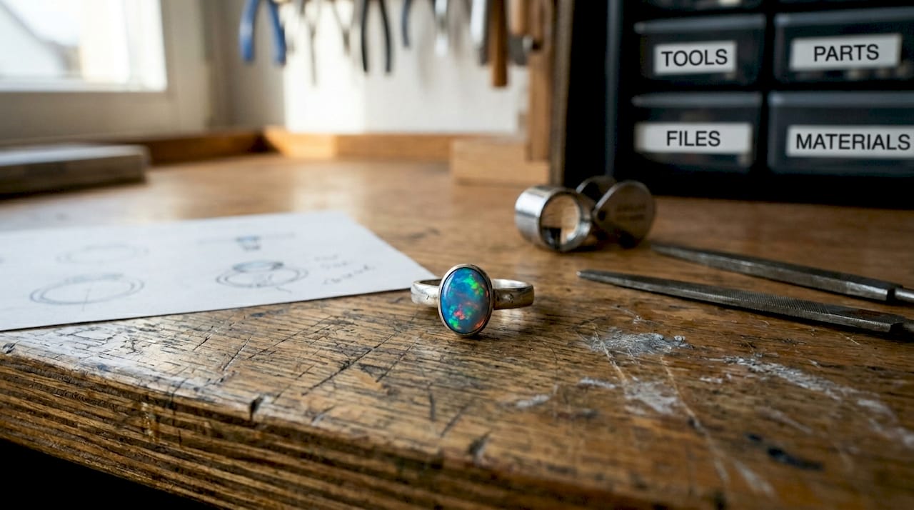 Detailaufnahme eines Opalrings mit intensiven, leuchtenden Farben