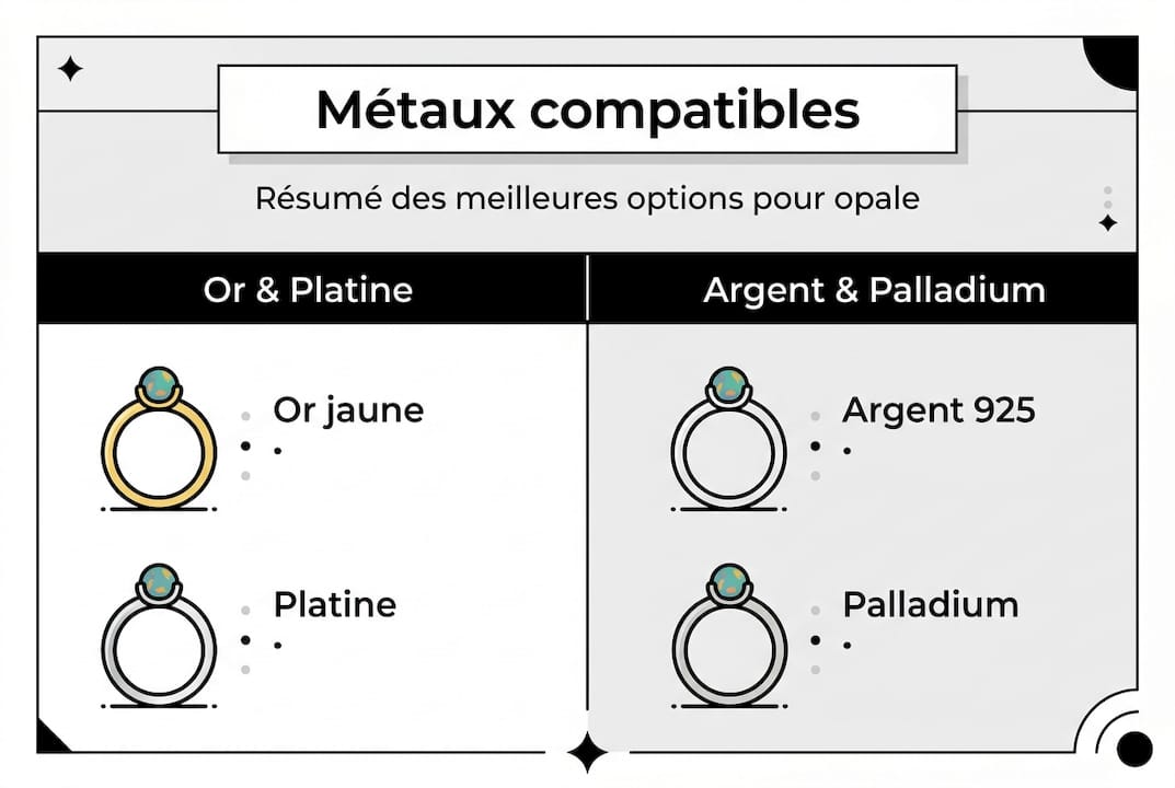 Découvrez en un coup d’œil les métaux précieux les plus adaptés à la mise en valeur de l’opale grâce à notre infographie dédiée.