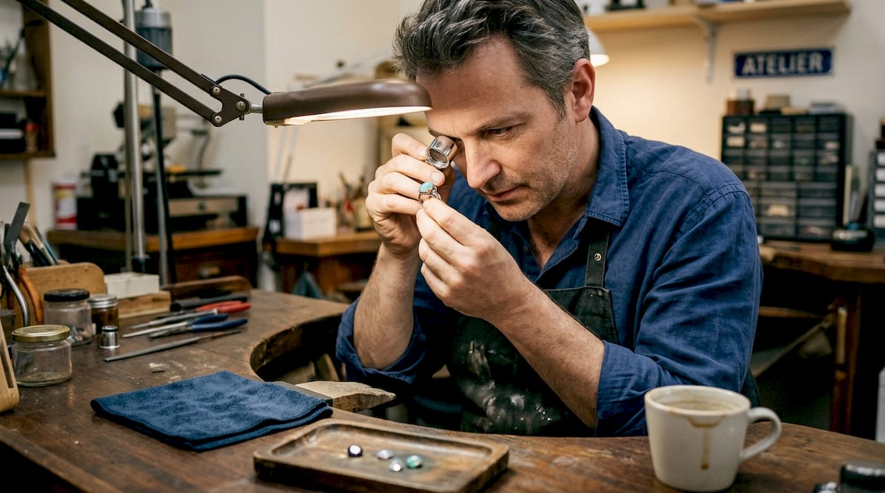 Un homme observe attentivement une bague ornée d’une opale d’Australie.