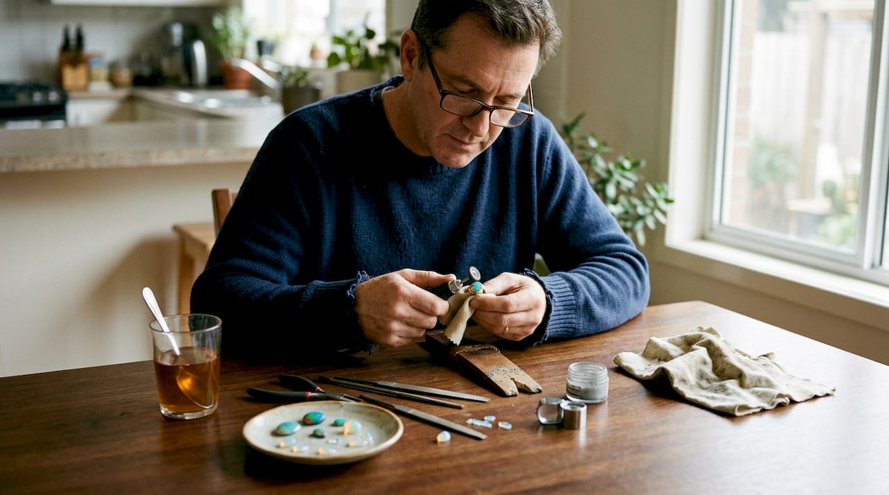 工匠正在细心擦拭一枚澳洲蛋白石戒指