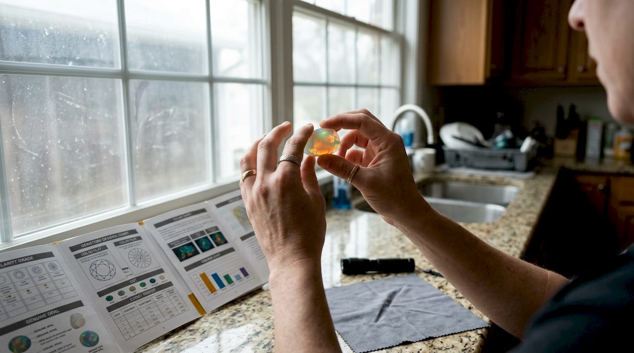 Hands grading opal clarity near window