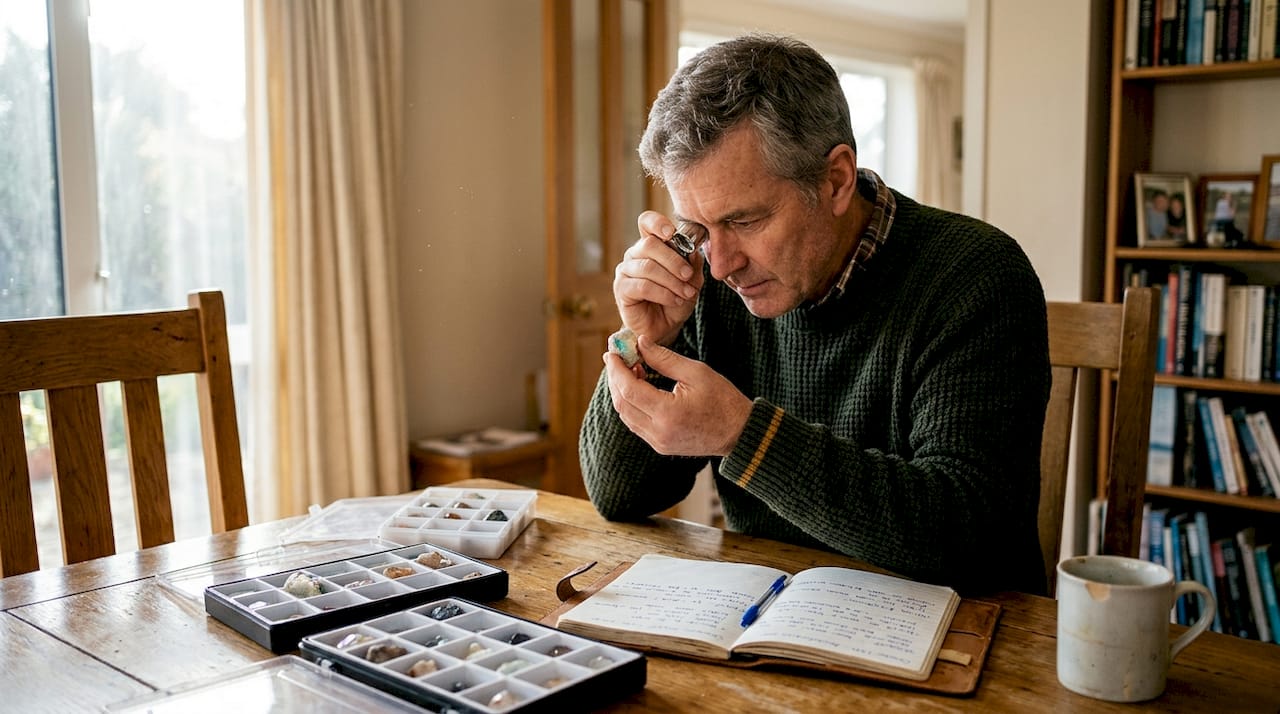 Gem collector inspecting opal at home table