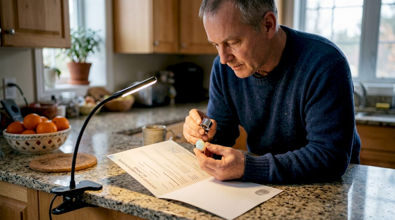 Un homme examine attentivement le certificat d’authenticité de son opale.