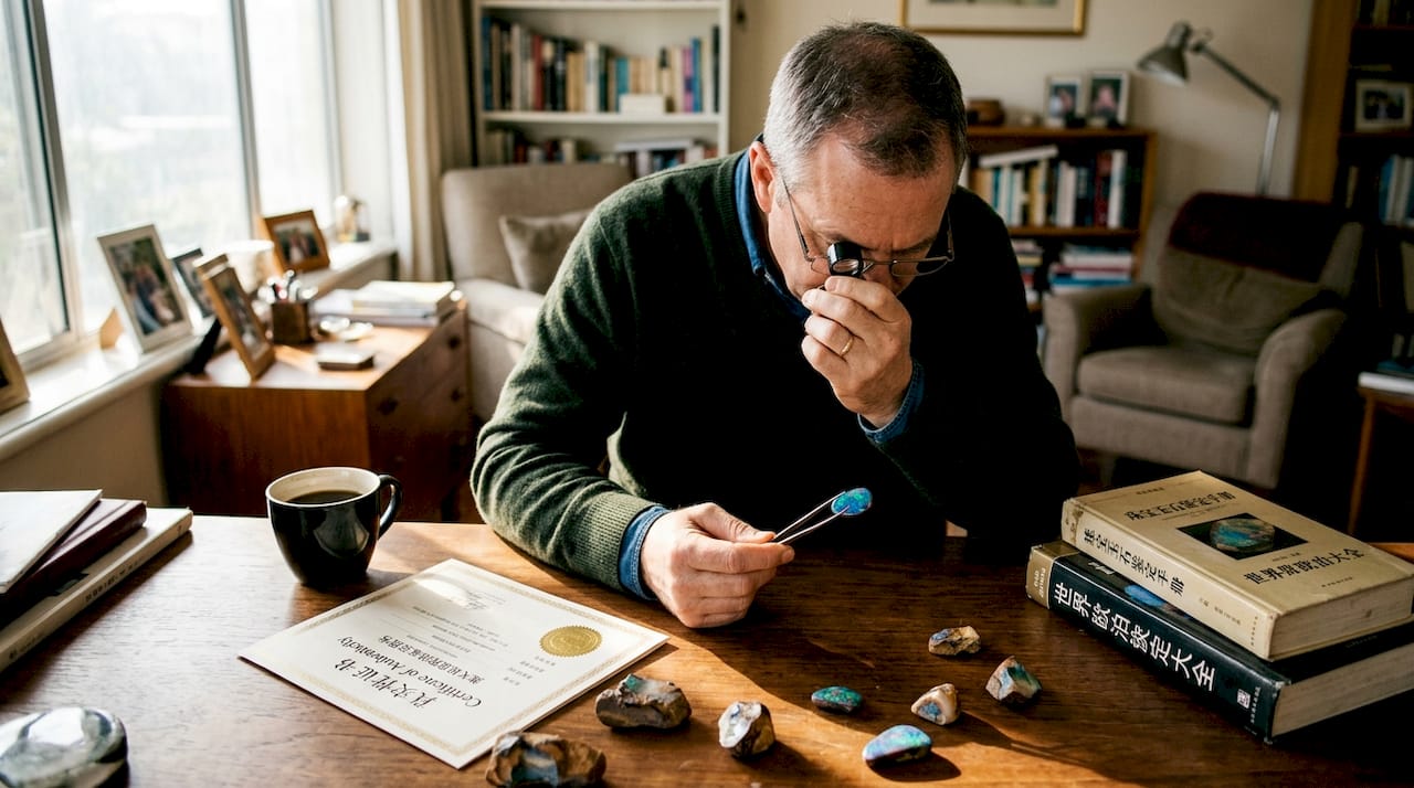 一位珠宝鉴定师正在书房细致地鉴赏欧泊宝石。