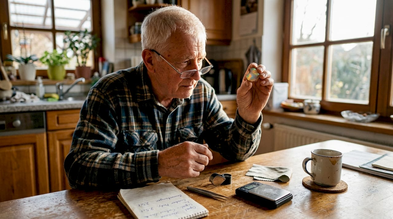 Ein Gemmologe begutachtet einen Opal im Sonnenlicht.