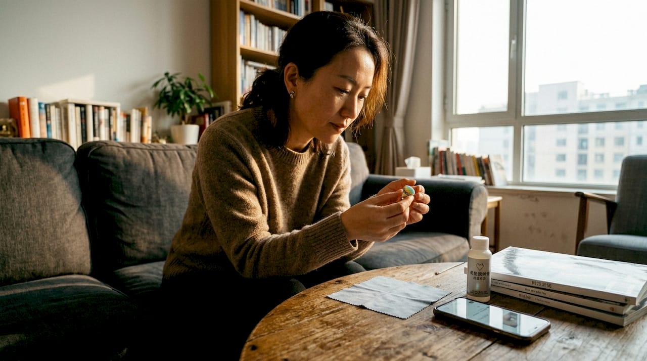 一位女士坐在客厅里，细细欣赏着欧泊戒指在光线下变幻的色彩。