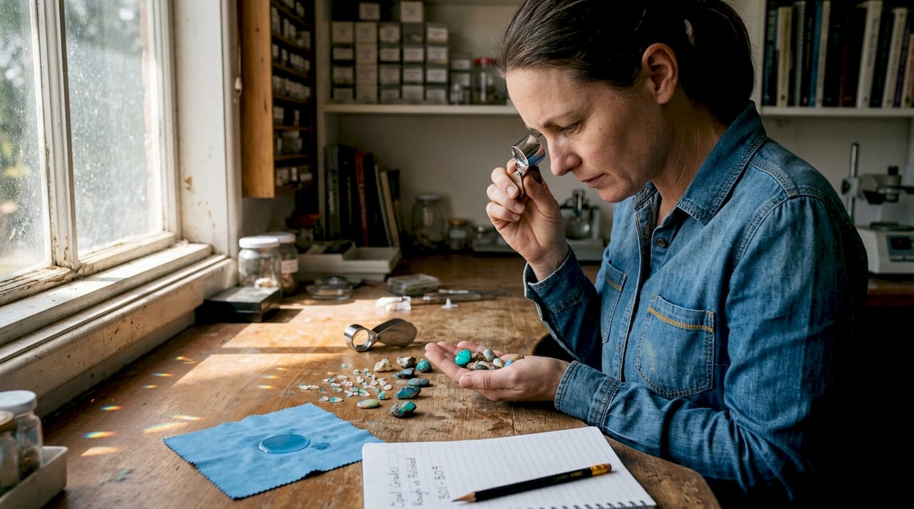 Gemologist examining Australian opal stone
