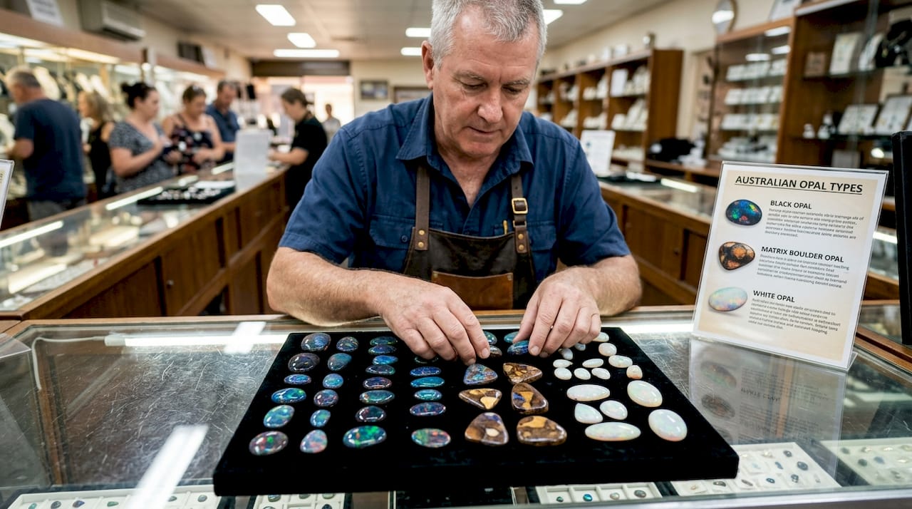 Tray displaying different types of Australian opals