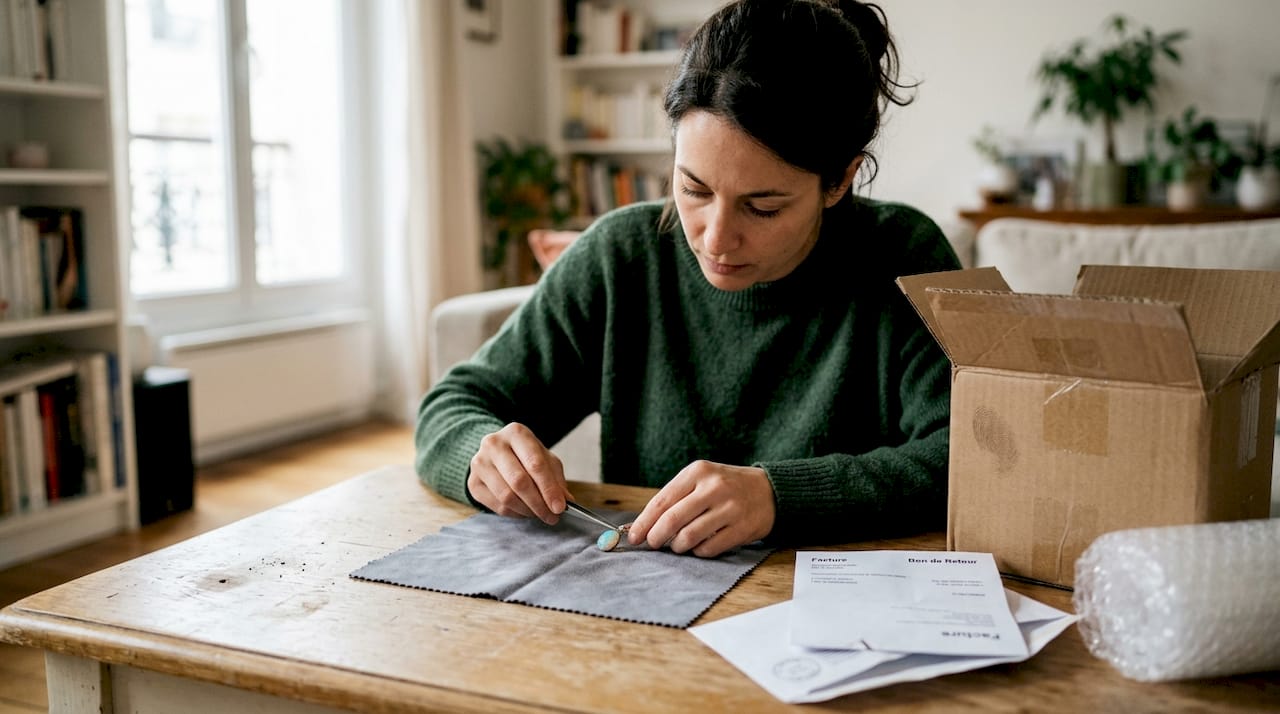 Préparation du retour du bijou en opale posée sur la table du salon
