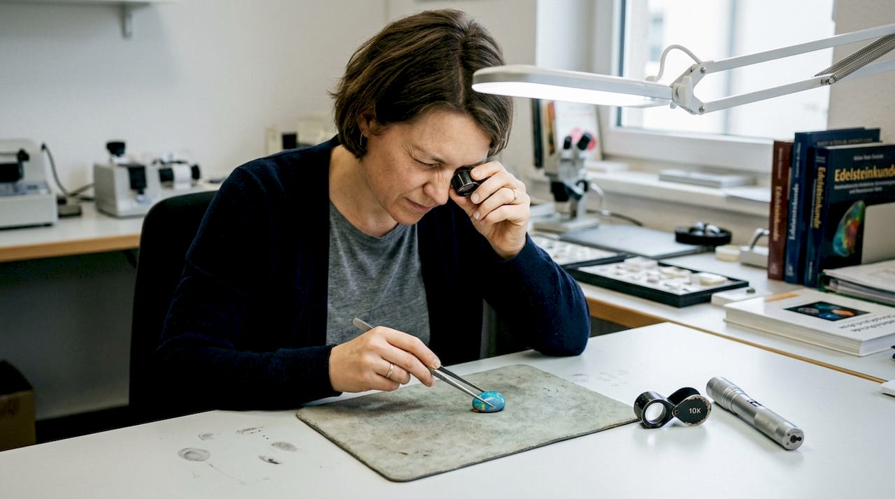 Ein Edelsteinsachverständiger begutachtet einen massiven Opal unter Laborbedingungen.