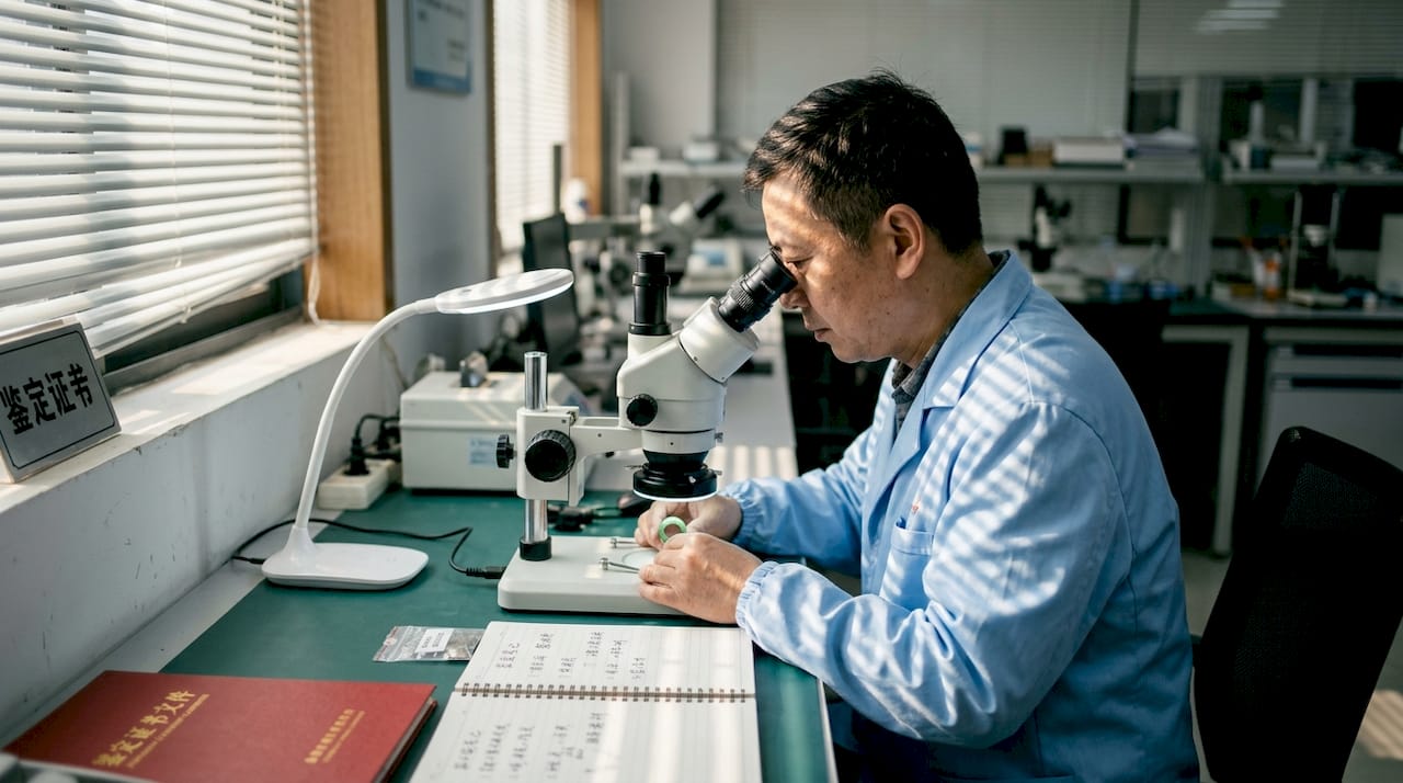 在实验室里，珠宝鉴定师正在对翡翠进行专业鉴定。