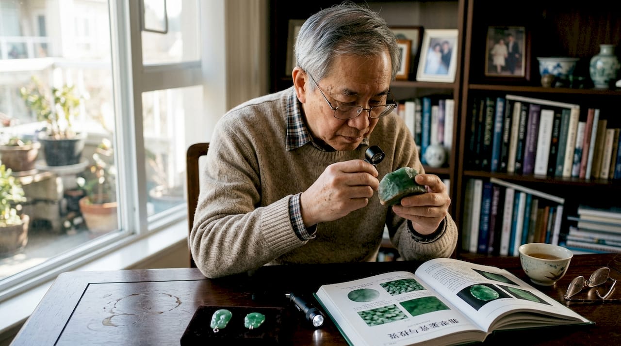 在收藏者的书房里，细致入微地鉴赏翡翠原石。