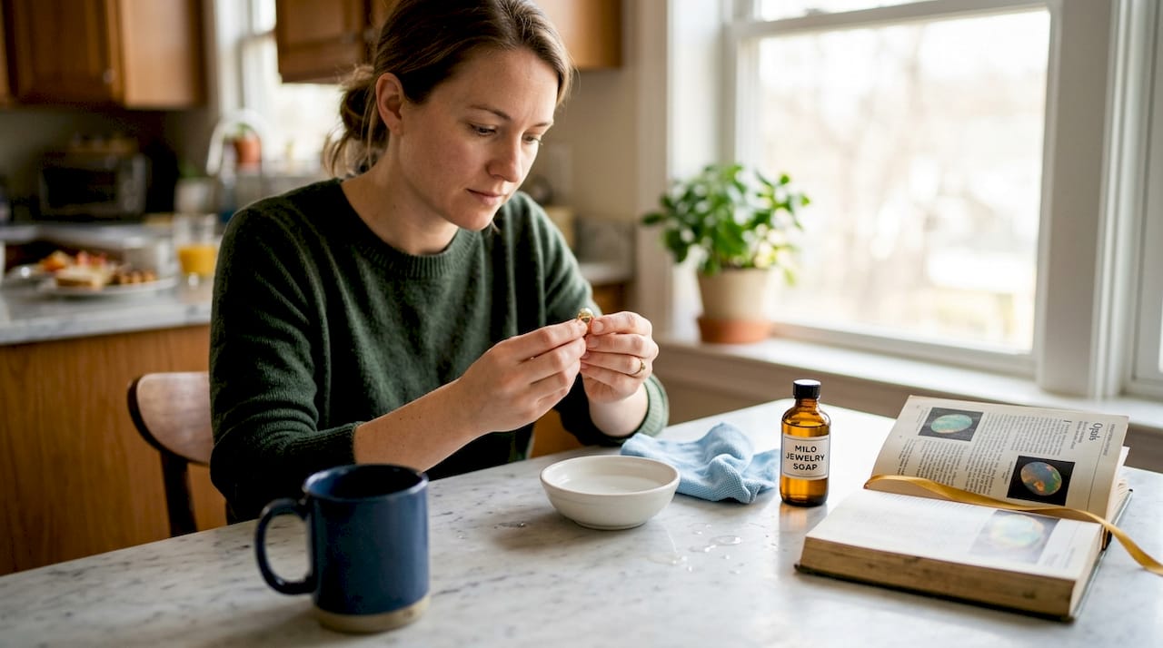 Woman gently cleaning opal ring at kitchen table