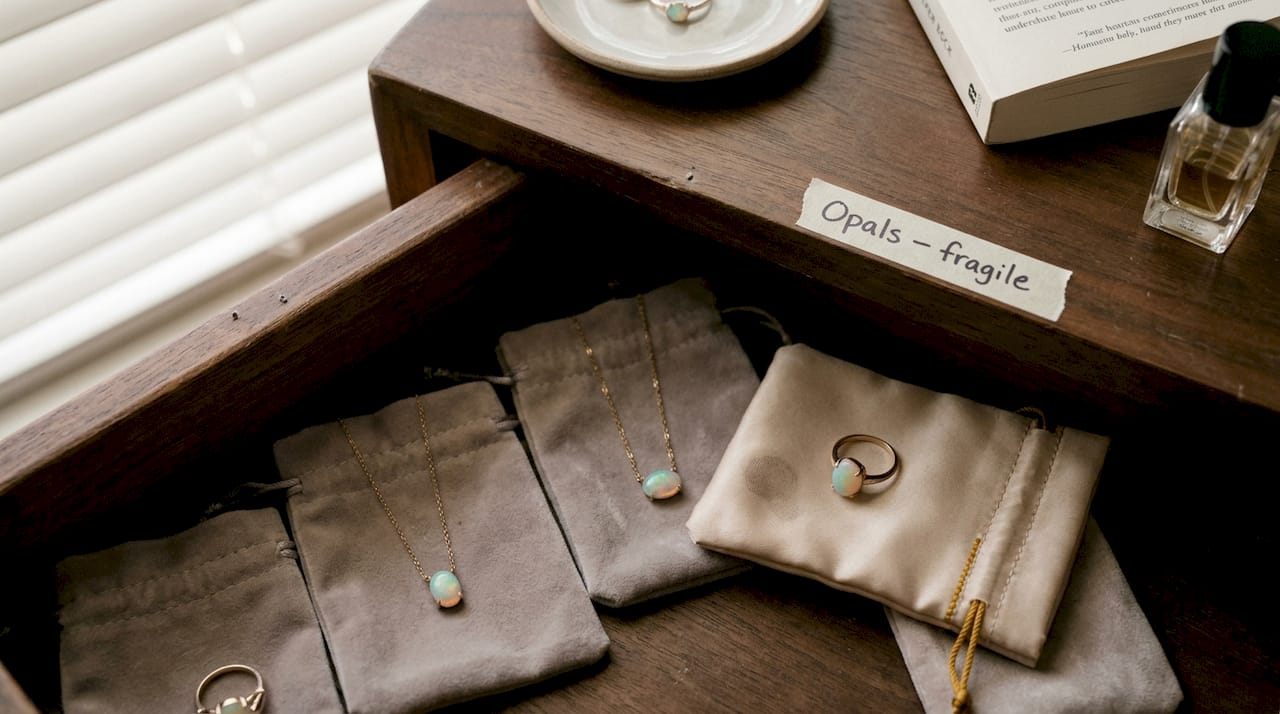 Drawer with opal jewelry stored in pouches