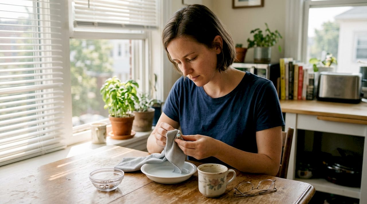Am Küchentisch widmet sich eine Frau der Pflege ihres Opalschmucks.