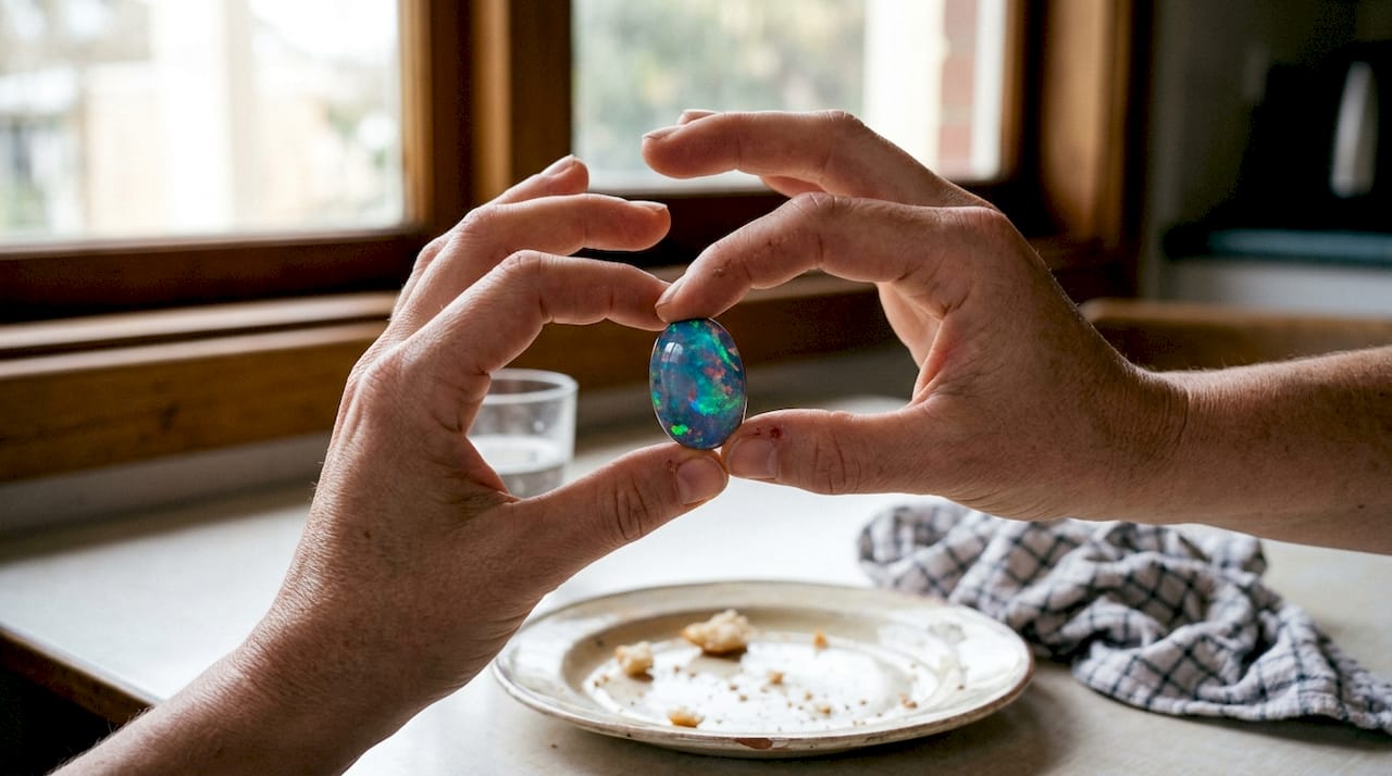 Une main met en valeur un cabochon d’opale australienne aux reflets multicolores.