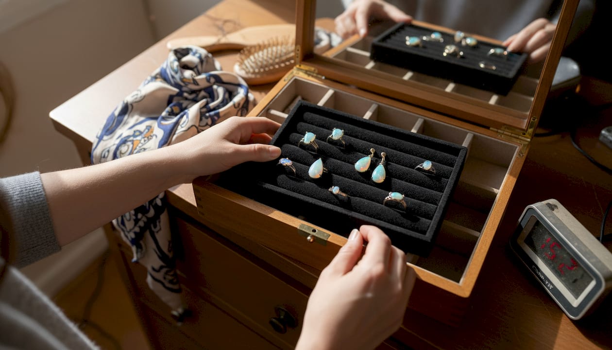 Opalschmuck stilvoll aufbewahrt – in einer Schmuckschatulle mit weichem Samt-Innenleben.