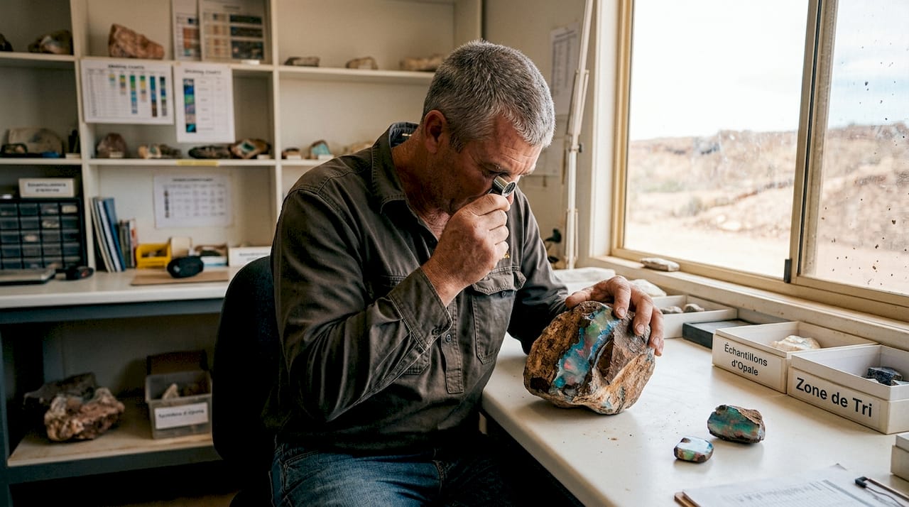 Un mineur australien examine une opale brute dans les profondeurs de la mine.