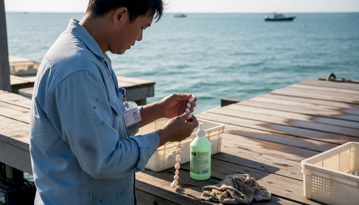 在澳大利亚的珍珠养殖场，工人们正细心地检查南海珍珠的生长情况。