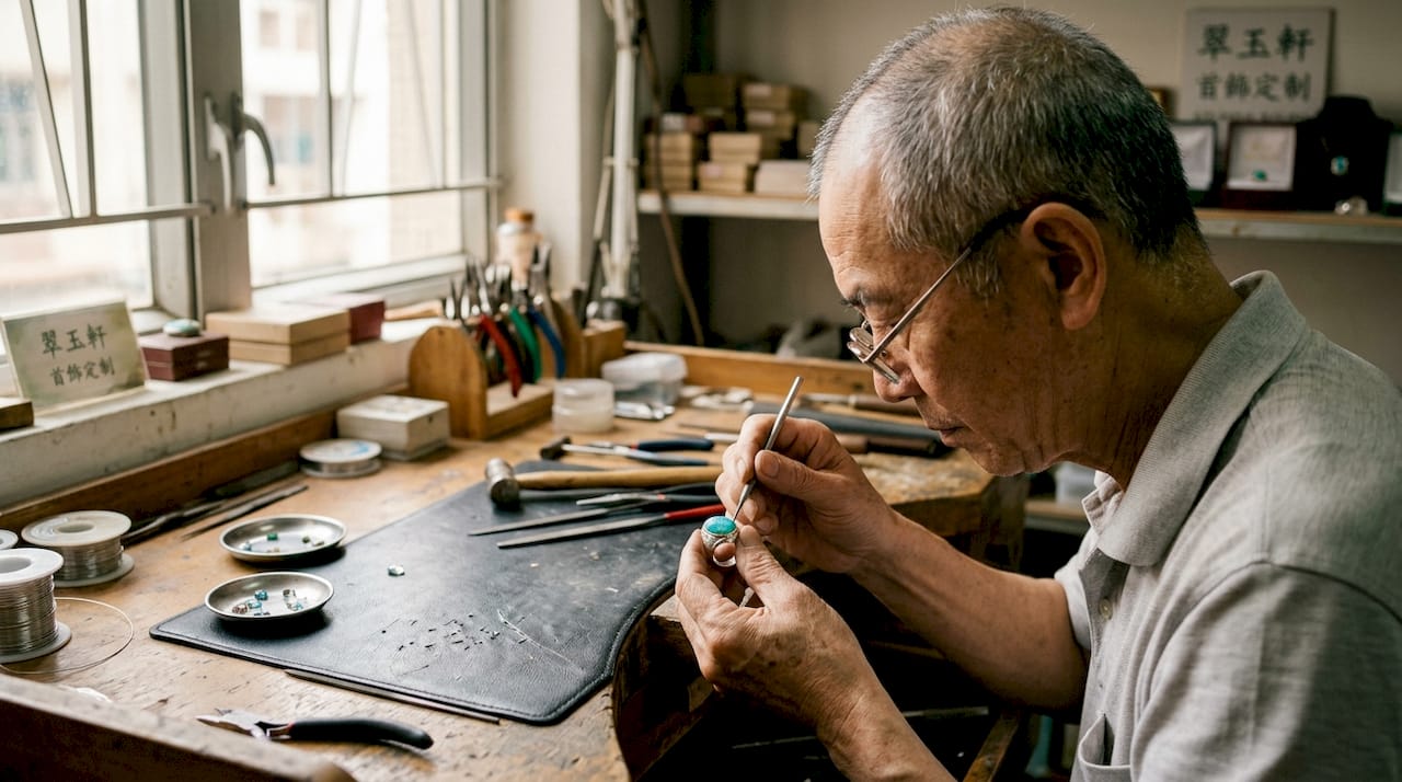 工艺师正在精心调整蛋白石的镶嵌工艺细节，使每一处都尽善尽美。