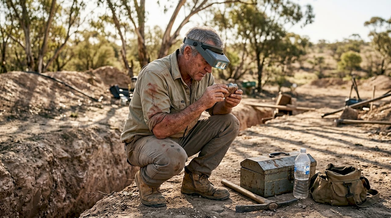 Ein Opal-Sucher begutachtet im Freien einen unbearbeiteten Stein.