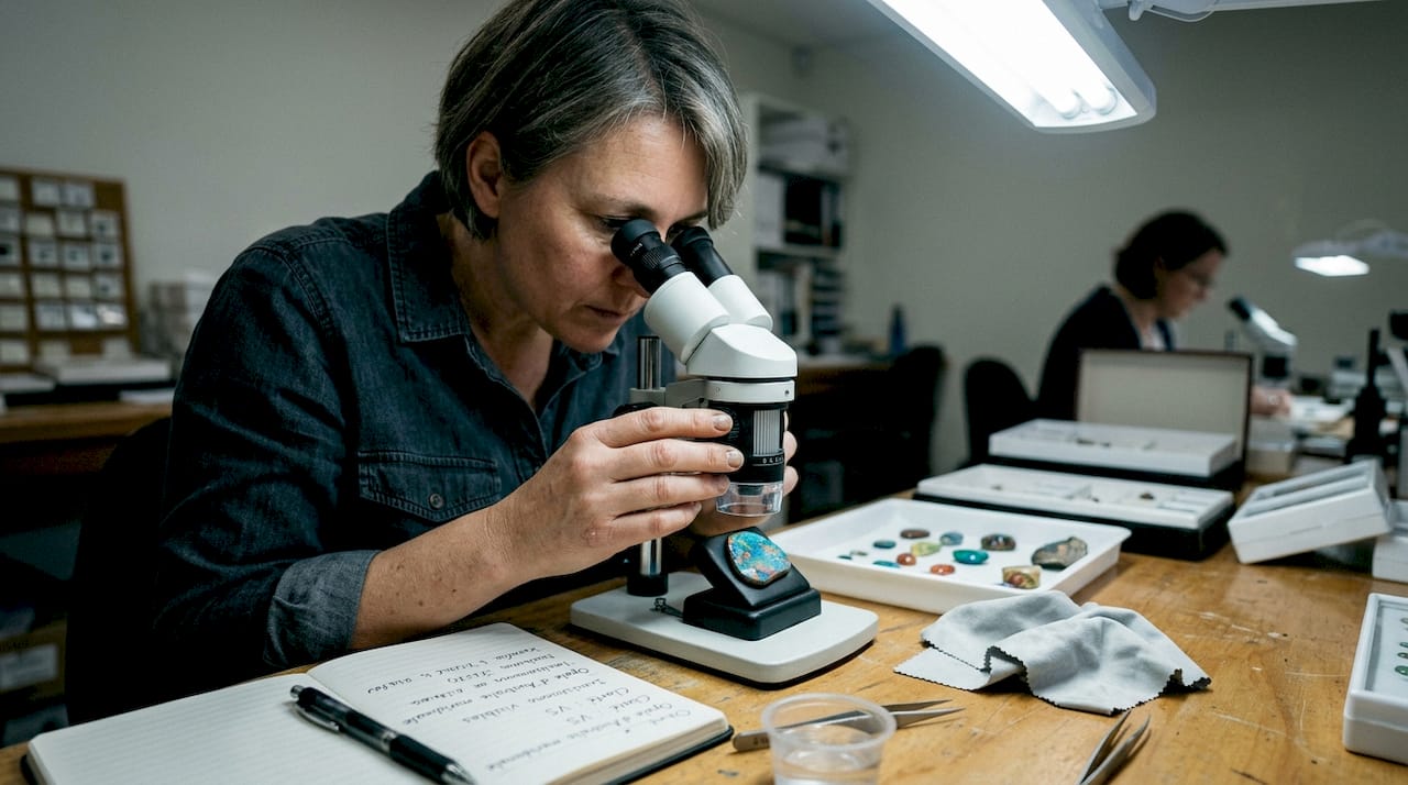 Un gemmologue observe les jeux de couleurs de l'opale à l'aide d'un microscope, analysant chaque détail pour en percer les secrets.