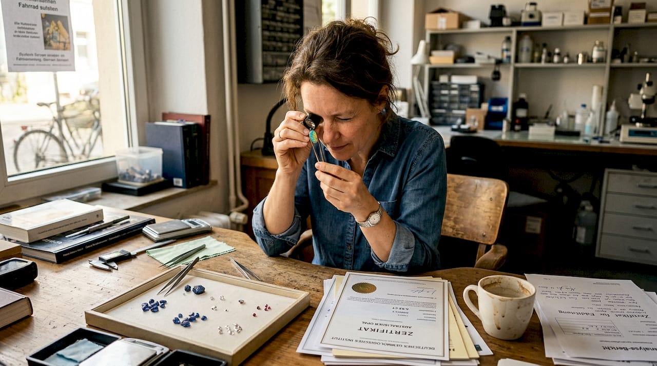 Ein Edelsteinexperte prüft einen Opal, um seine Echtheit zu bestätigen.