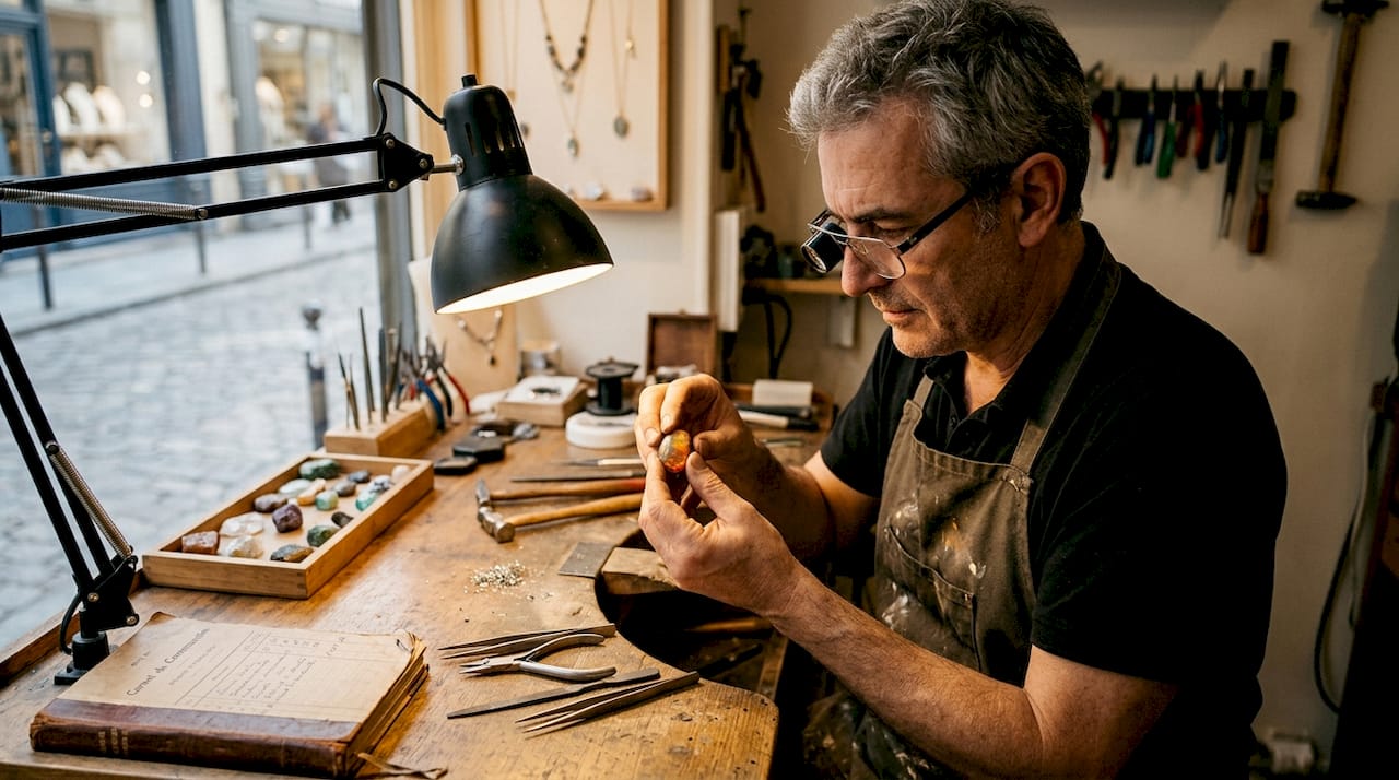 Un artisan joaillier examine attentivement une opale d’Australie sur son établi.