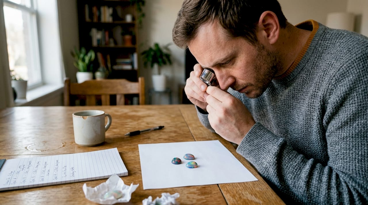 Collector inspecting loose opal gemstones