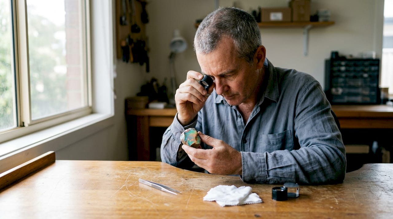 Ein Juwelier begutachtet einen australischen Opal auf einem Holztisch.