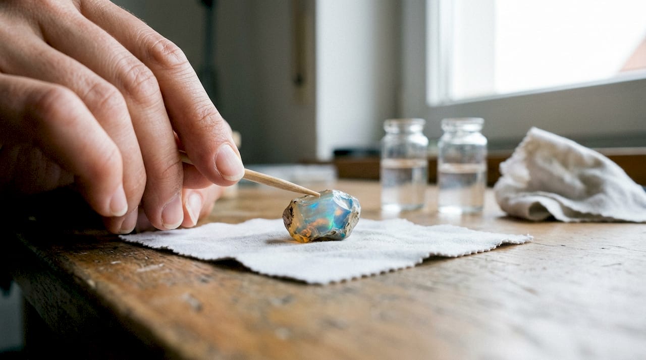 Eine Hand dreht behutsam einen Opal, sodass sein faszinierendes Farbenspiel im Detail sichtbar wird.