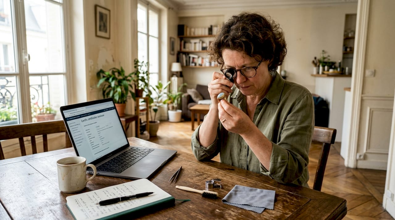 Une femme examine chez elle l’authenticité de ses bijoux en or sertis d’opales.