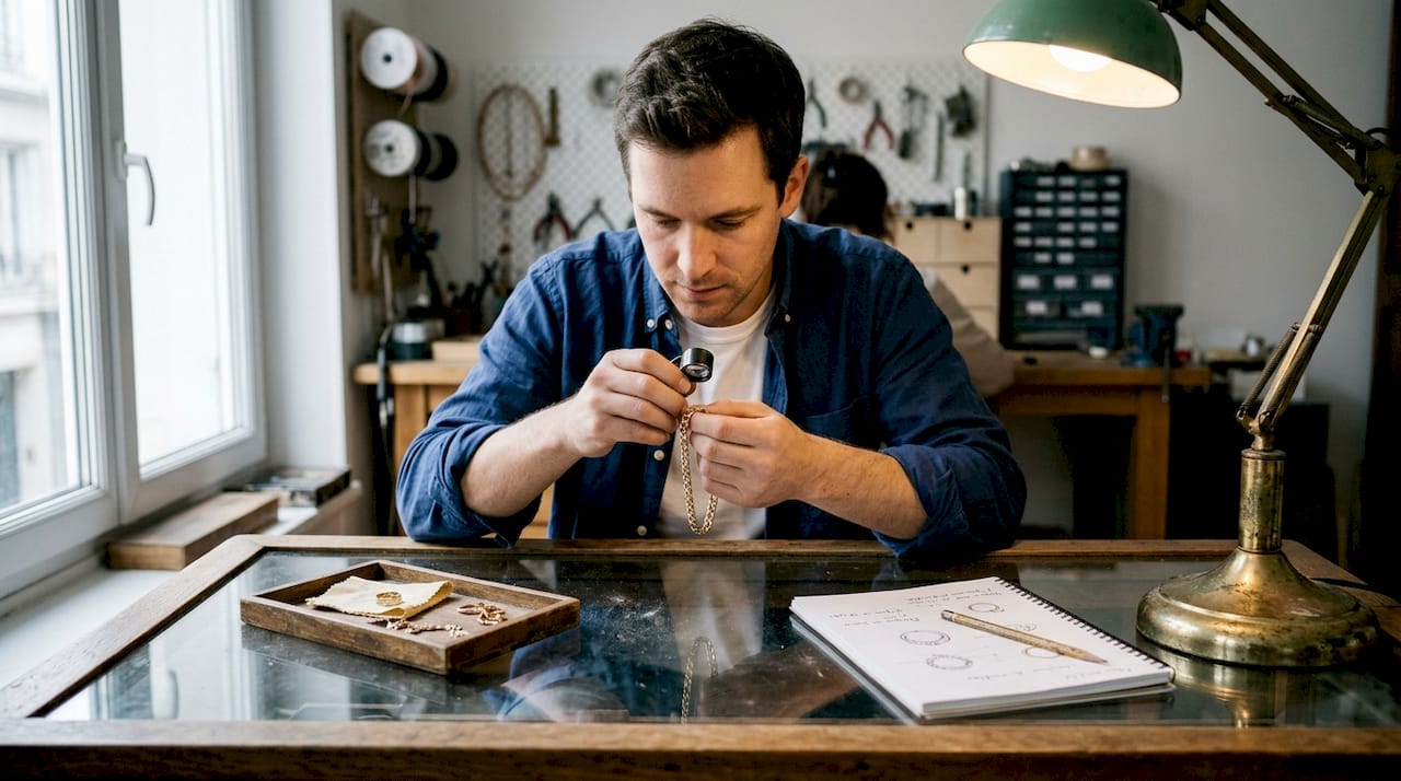 Un joaillier examine attentivement les poinçons sur une pièce en or, installé à son établi dans son atelier.