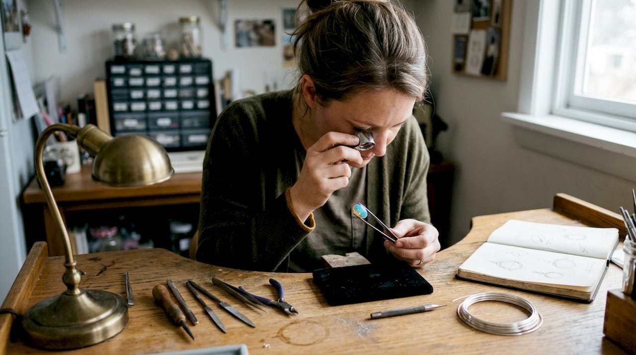 Jeweler inspecting opal at workbench
