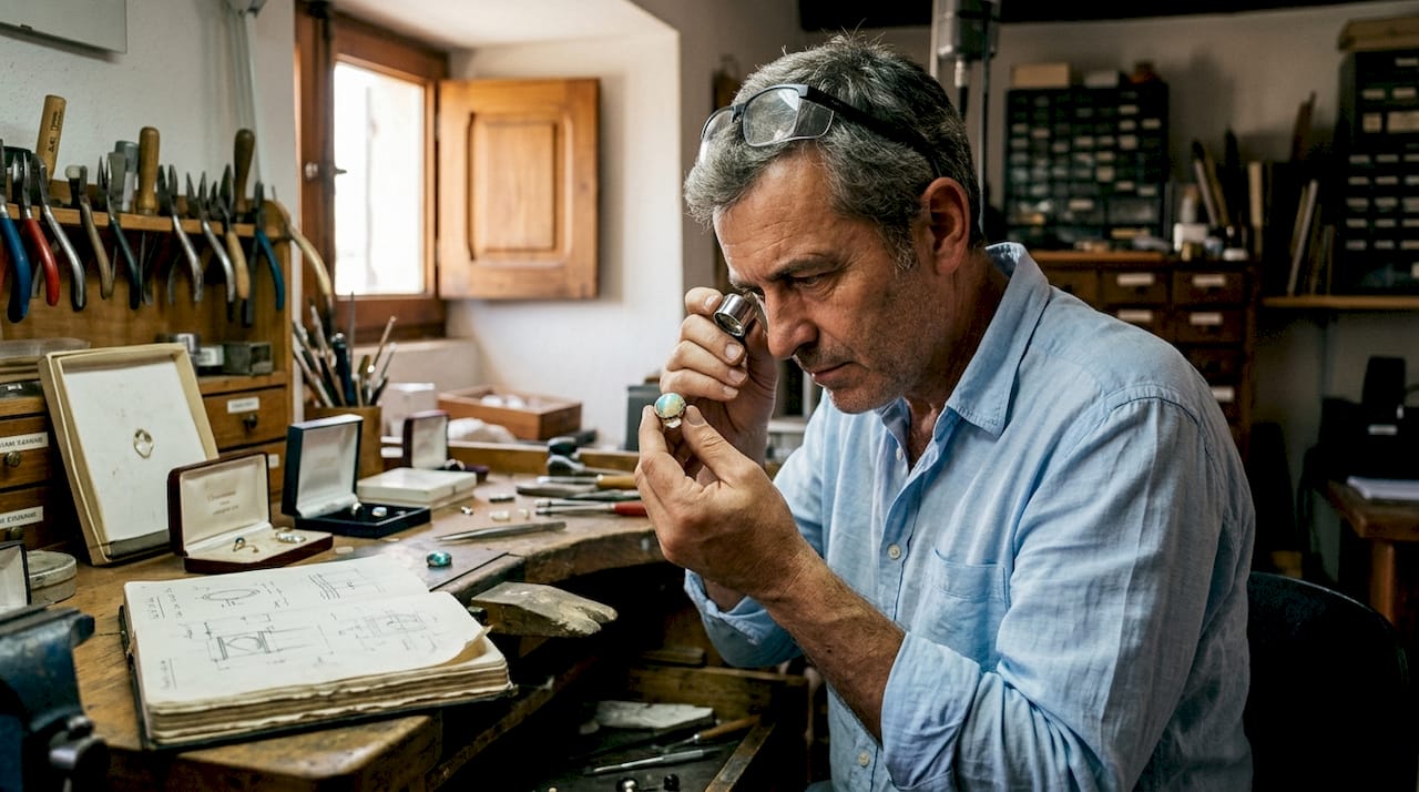 Un artisan joaillier scrute attentivement une bague ornée d’opale sur son établi, concentré sur chaque détail du bijou.