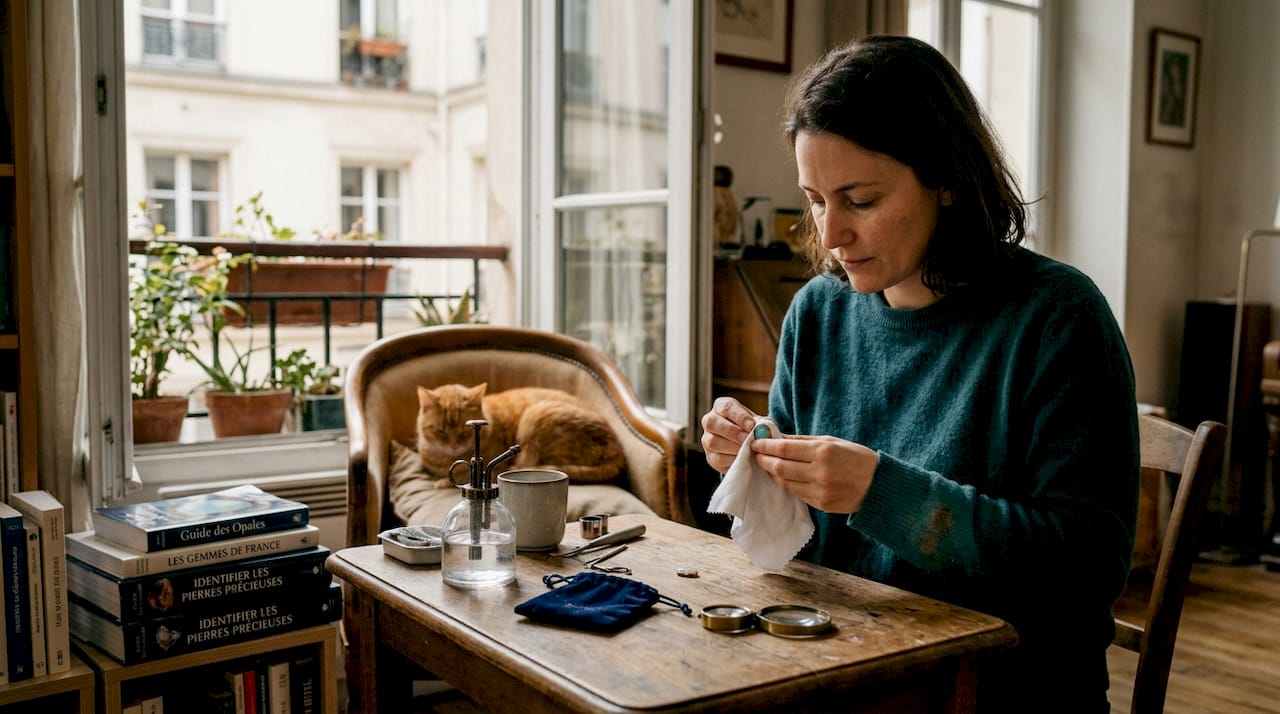 Assise dans son salon, une femme prend soin de nettoyer délicatement sa bague en opale.