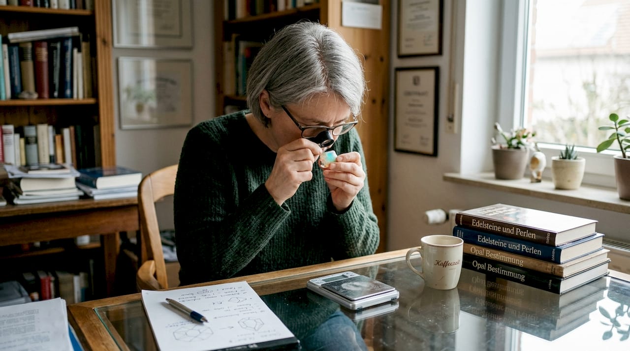 Ein Gemmologe untersucht einen Opal an einem aufgeräumten Schreibtisch.