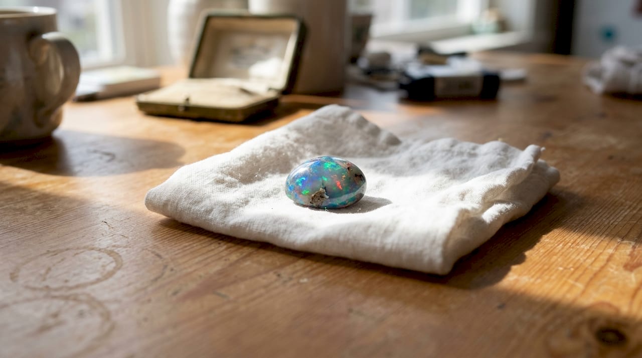 Nahaufnahme eines Opals, der auf einem Tisch liegt