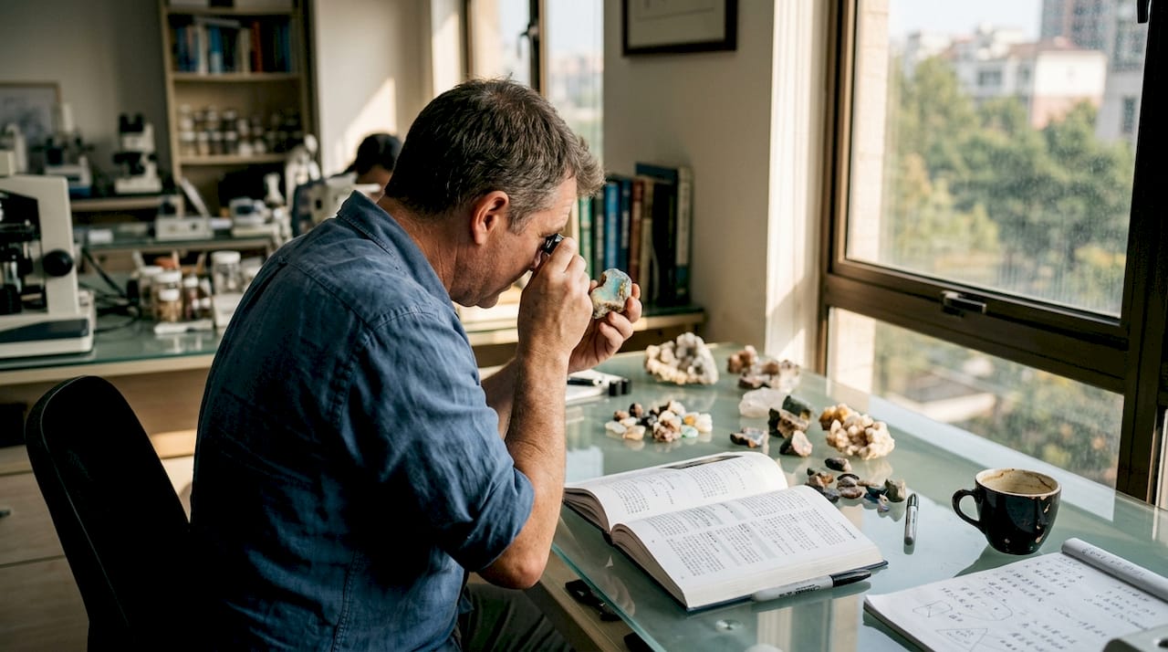 鉴定师正在办公桌前细致地鉴赏一块来自澳大利亚的欧泊宝石。