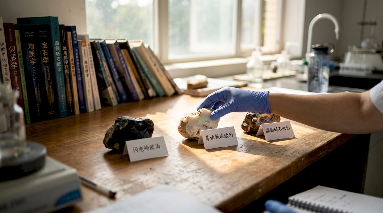 三枚来自澳大利亚并带有产地标识的欧泊原石