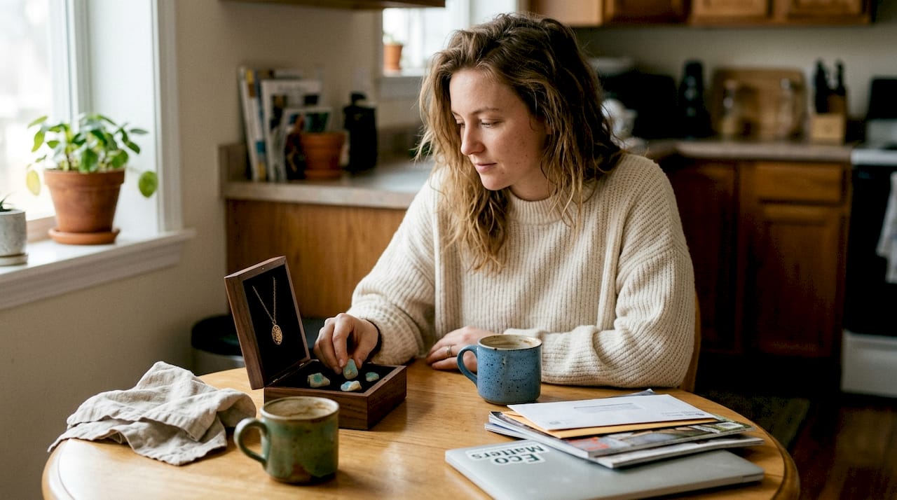 Woman examines sustainable opal jewelry at table