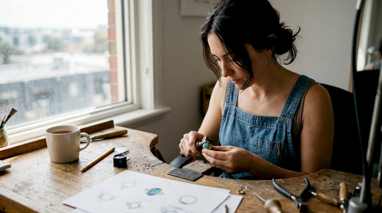 Jeweler polishes opal ring in sunny studio