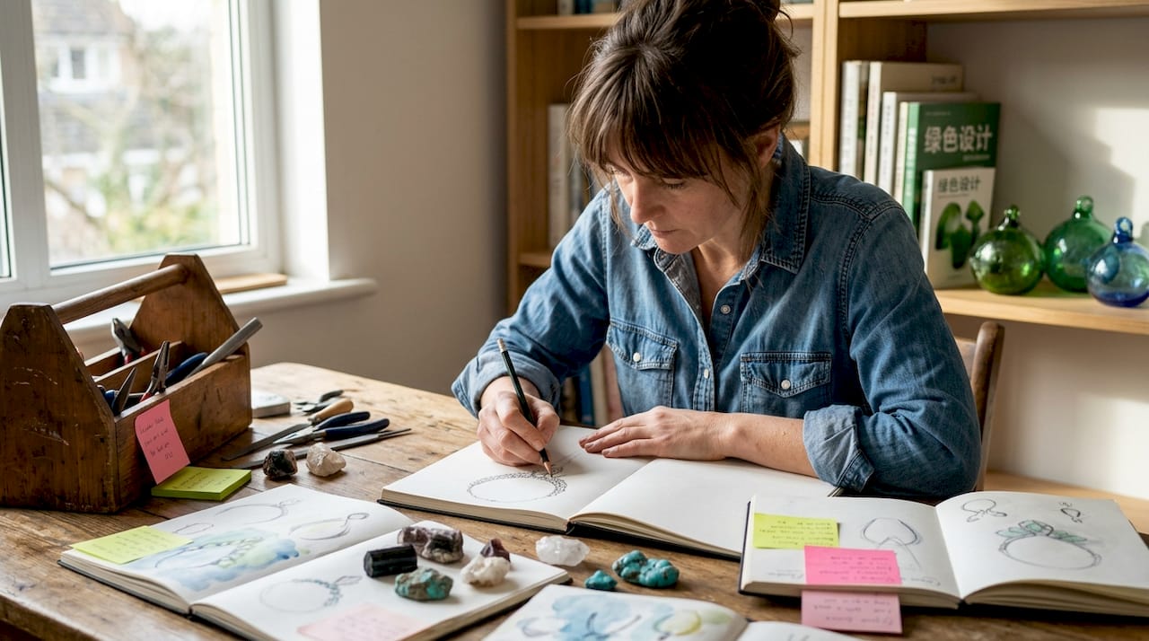 设计师在自家工作室专注绘制珠宝设计草图。