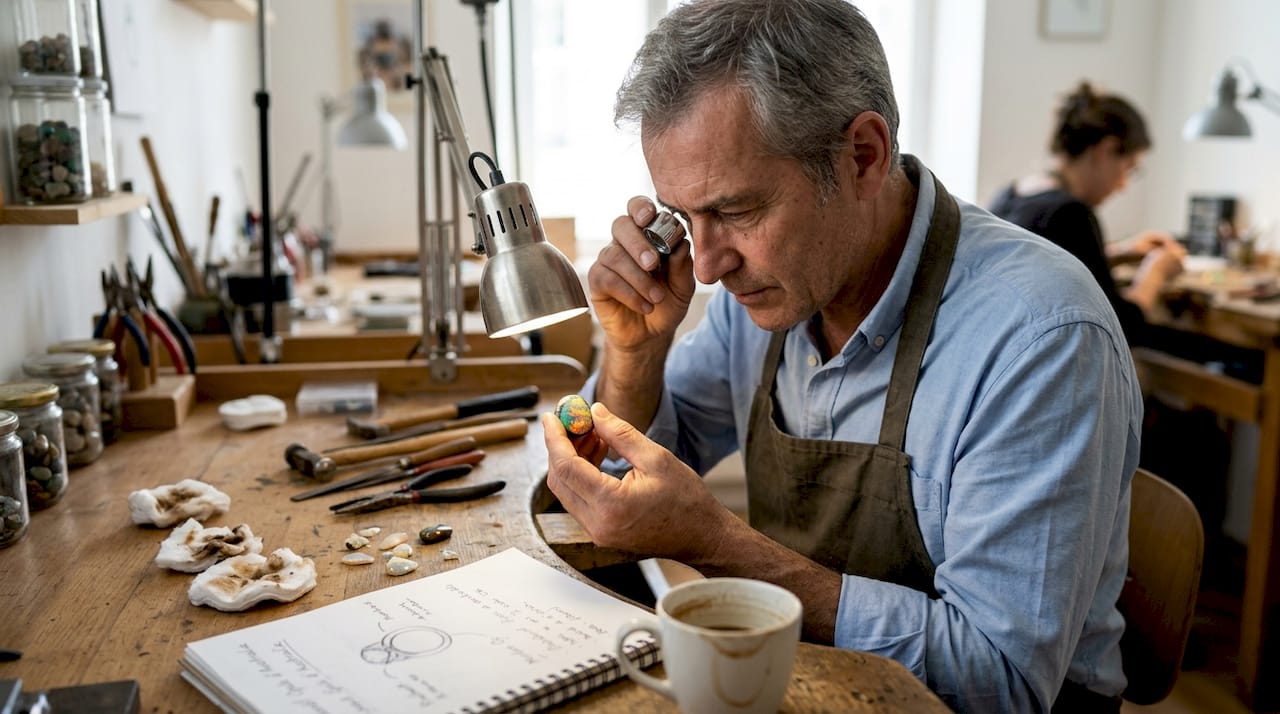 Un joaillier examine de près une opale d’Australie sur son établi.