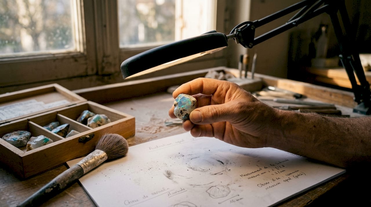 Une main observe de près une opale d’Australie présentant des inclusions.