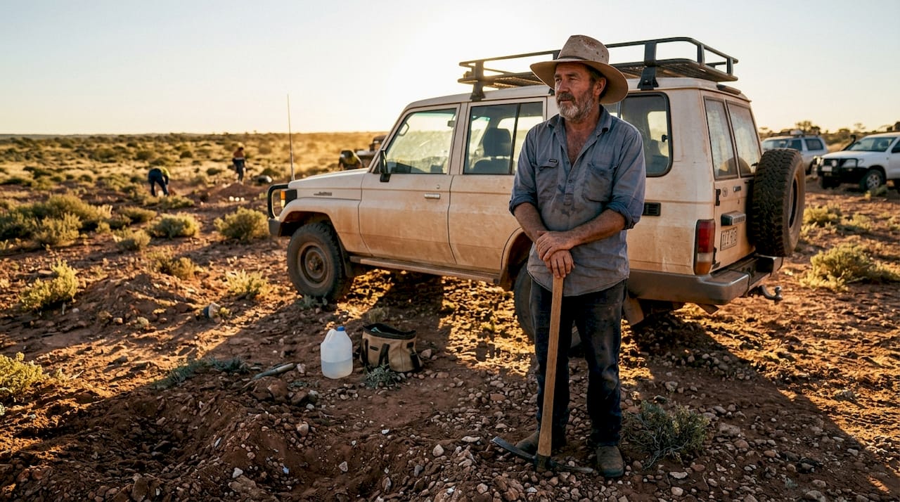Ein Opal­sucher arbeitet draußen im australischen Outback, umgeben von robustem, strapazierfähigem Werkzeug.