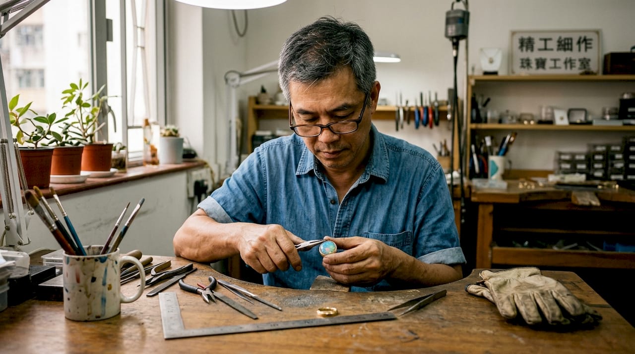 工匠巧手将蛋白石镶嵌于金饰之中，尽显匠心与华美。